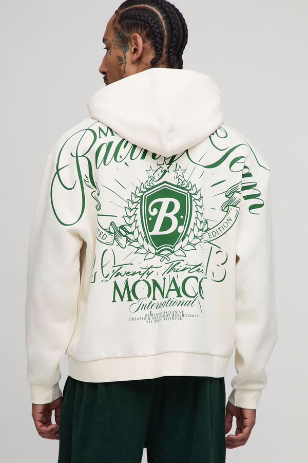 Ecru Oversized Boxy Over Seam Racing Team Printed Hoodie
