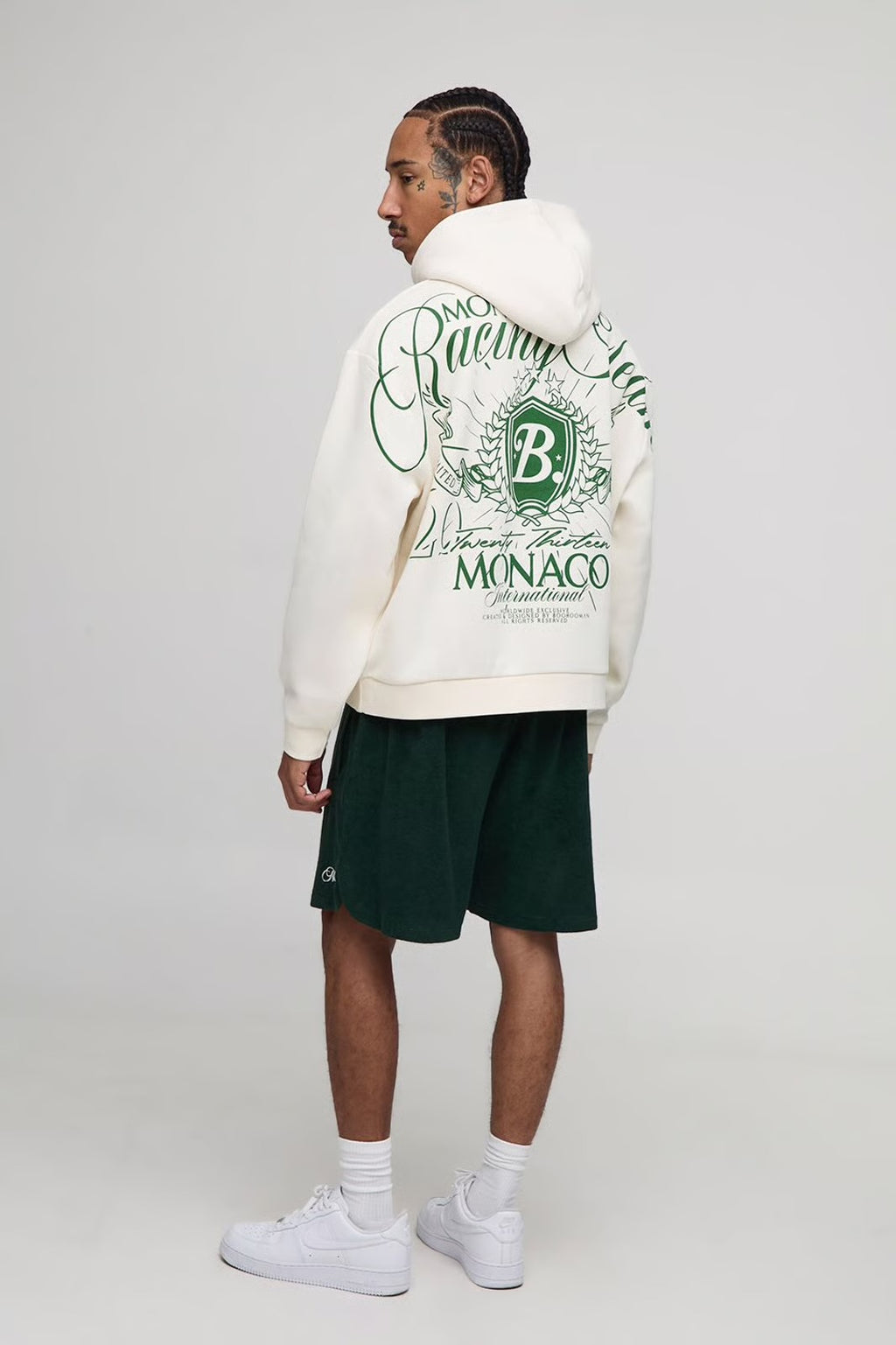 Ecru Oversized Boxy Over Seam Racing Team Printed Hoodie