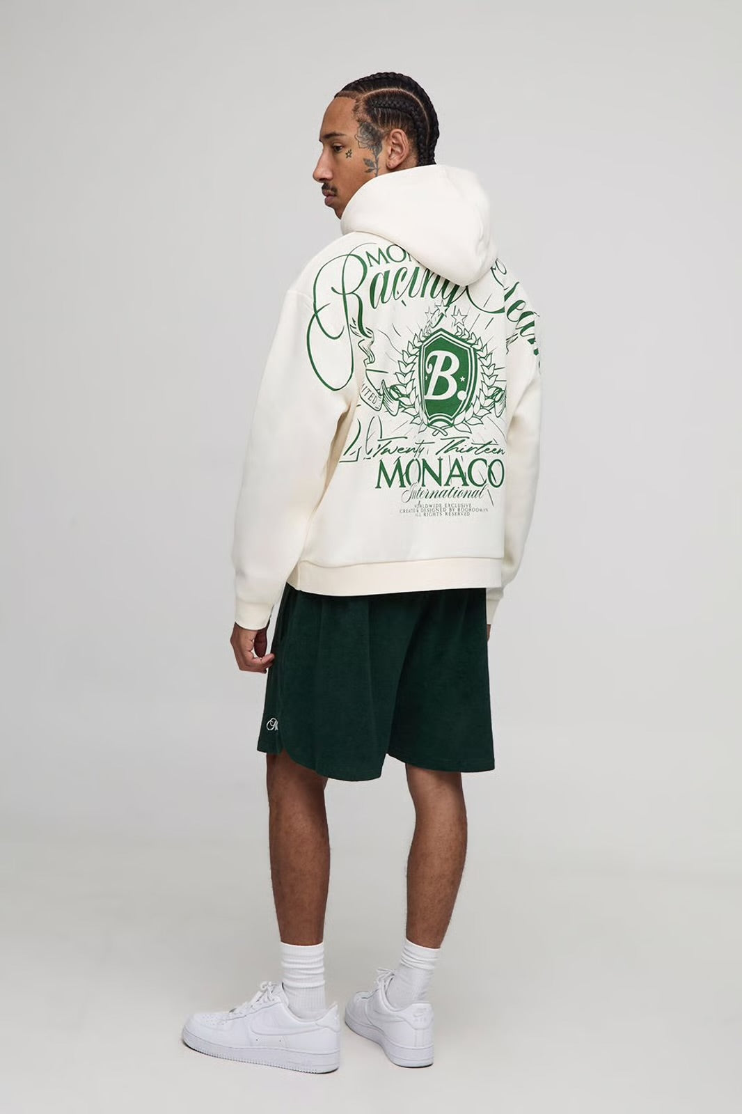 Ecru Oversized Boxy Over Seam Racing Team Printed Hoodie