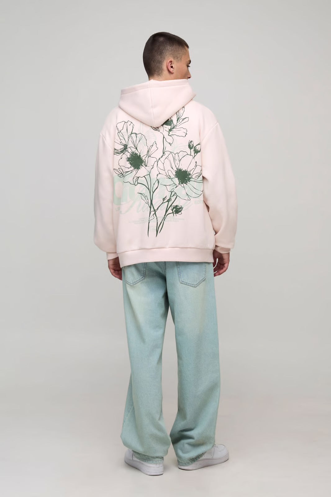 Oversized Floral Graphic Puff Print Zip Through Hoodie