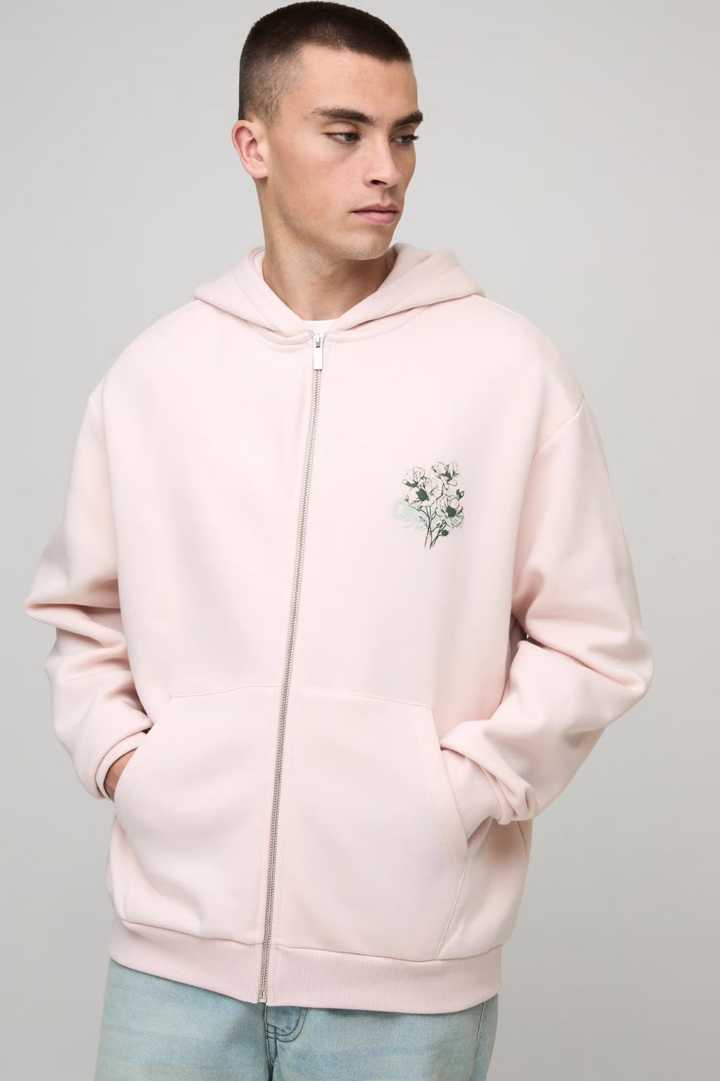 Oversized Floral Graphic Puff Print Zip Through Hoodie