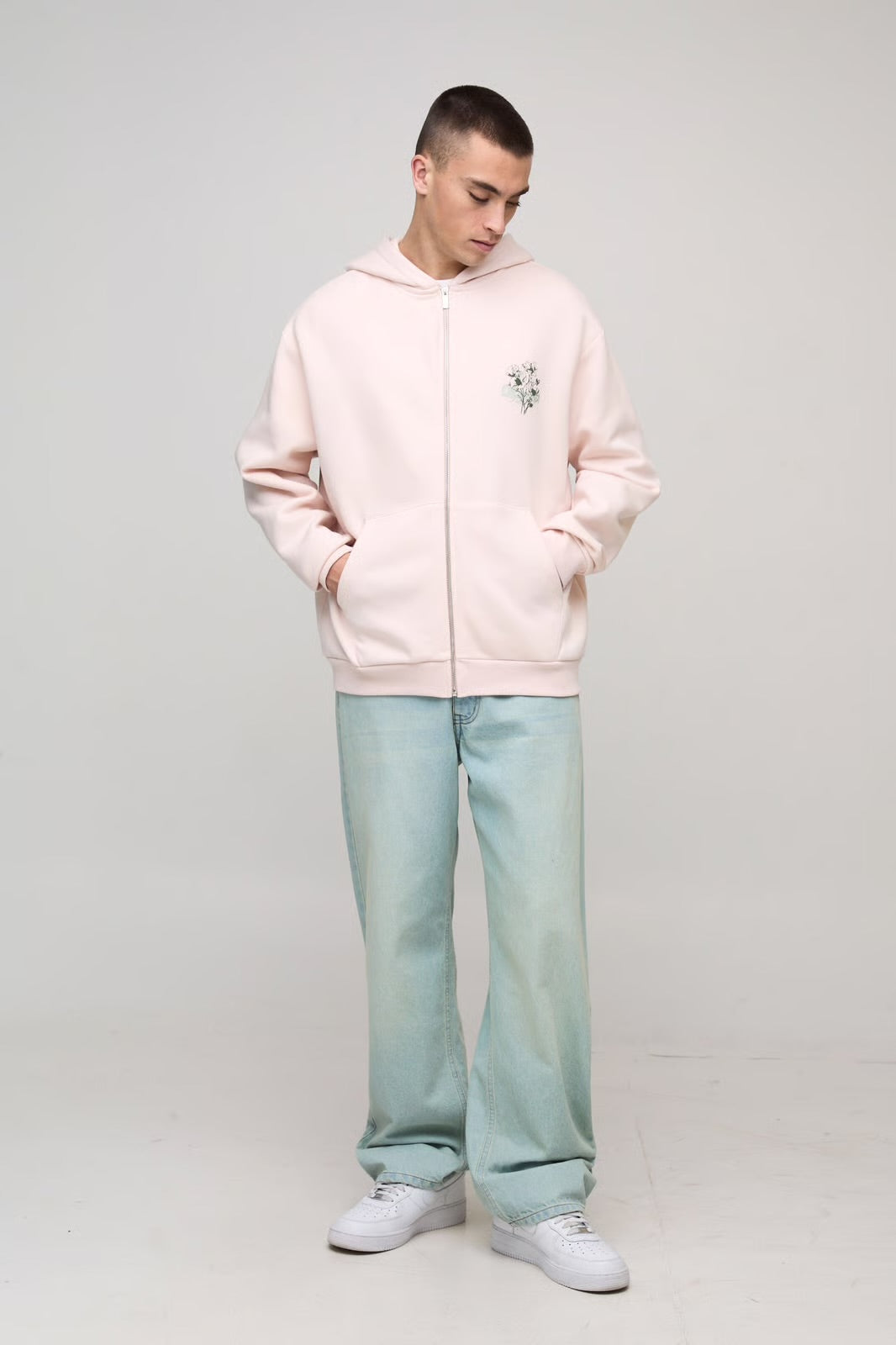 Oversized Floral Graphic Puff Print Zip Through Hoodie