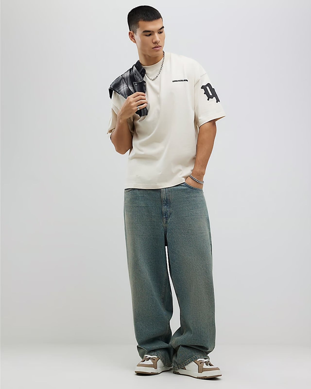 River Island Mens T-Shirt Beige Oversized Fit Dept Inc