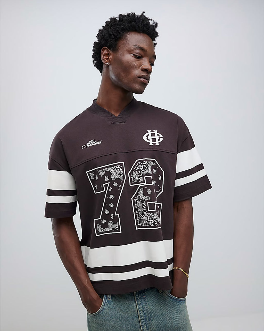 River Island Mens T-Shirt Brown V-Neck Bandana Sports