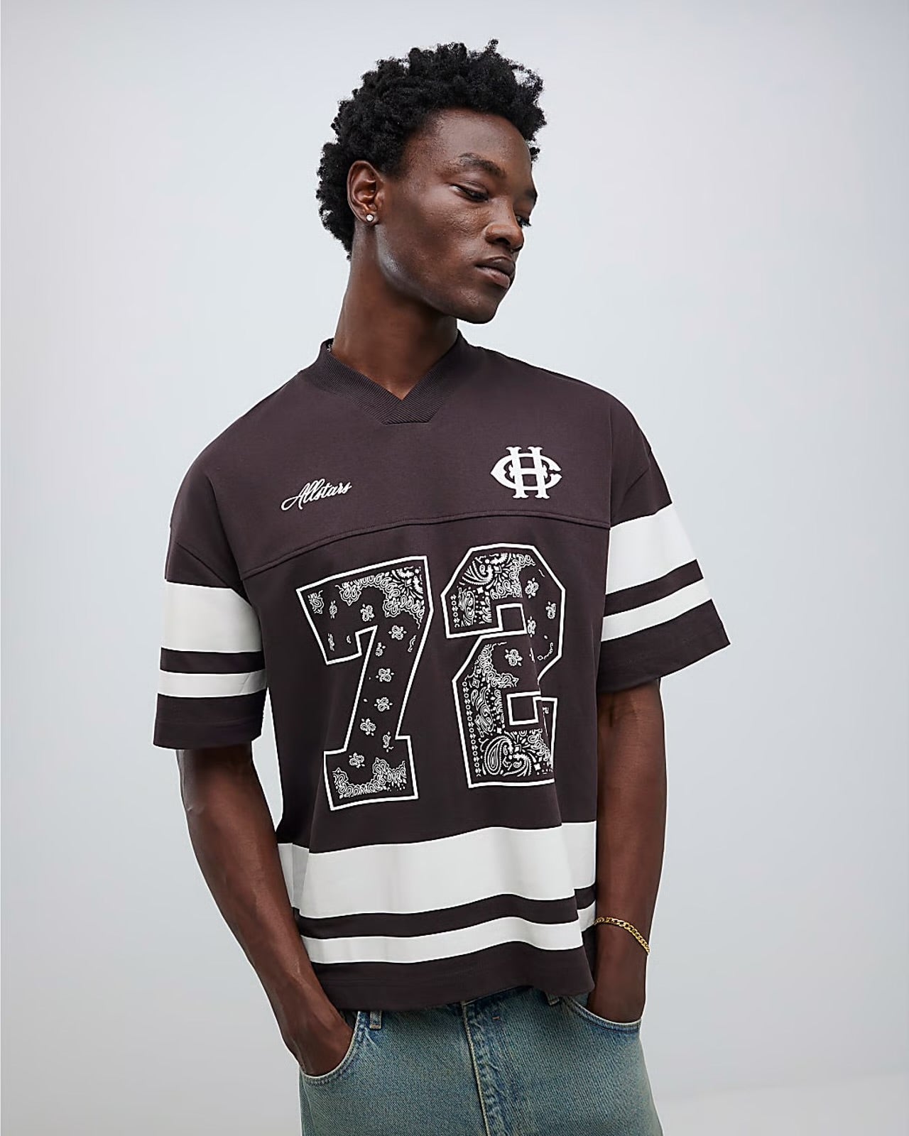 River Island Mens T-Shirt Brown V-Neck Bandana Sports